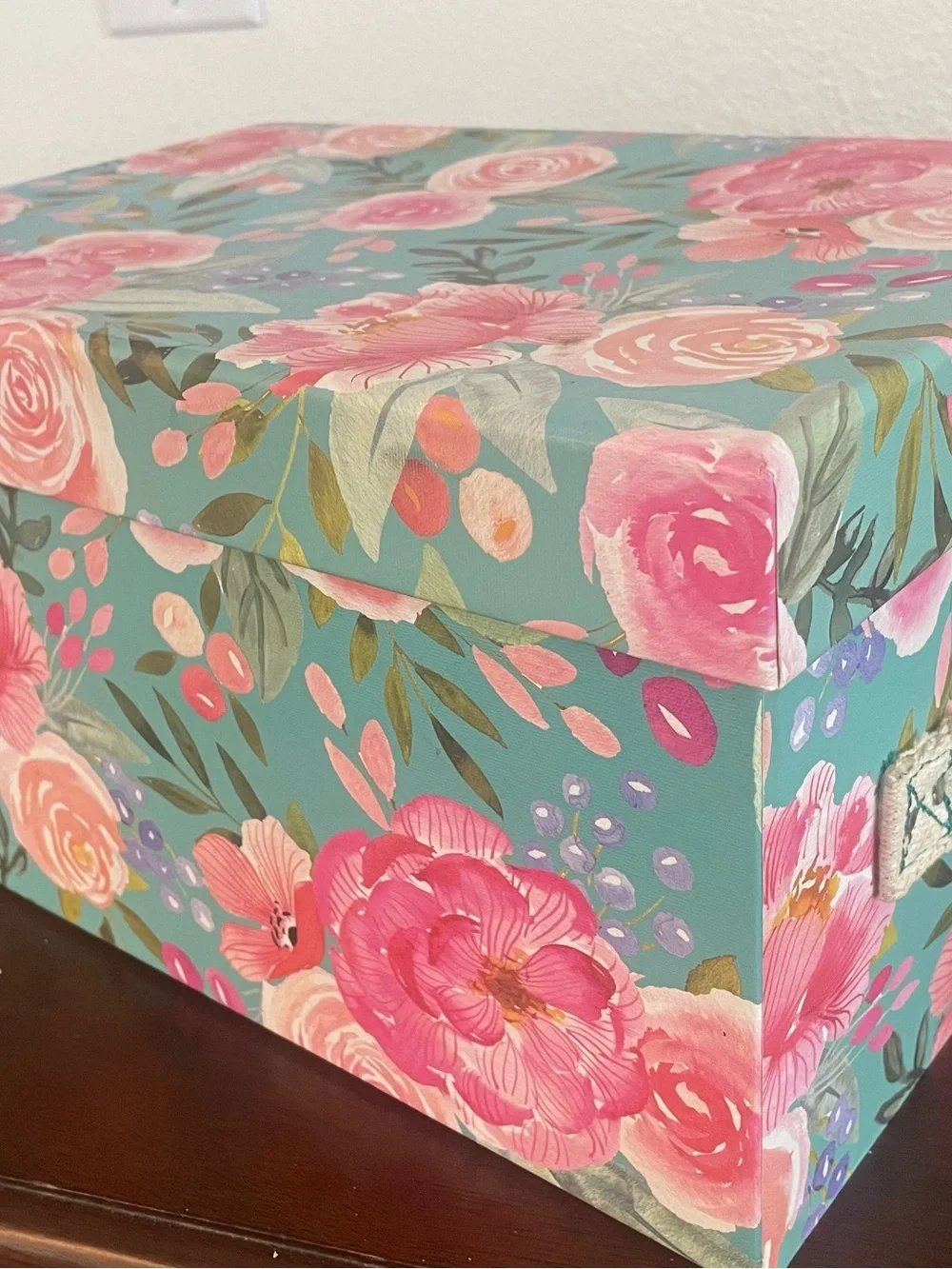 Clementine Paper Company Storage Box in Teal and Pink, 9” X 13” X 7” high appx
